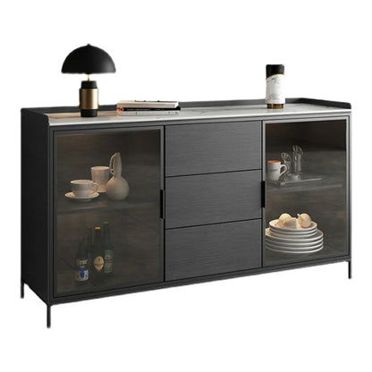 Modern Wooden Buffet Table with Stone Top and Storage