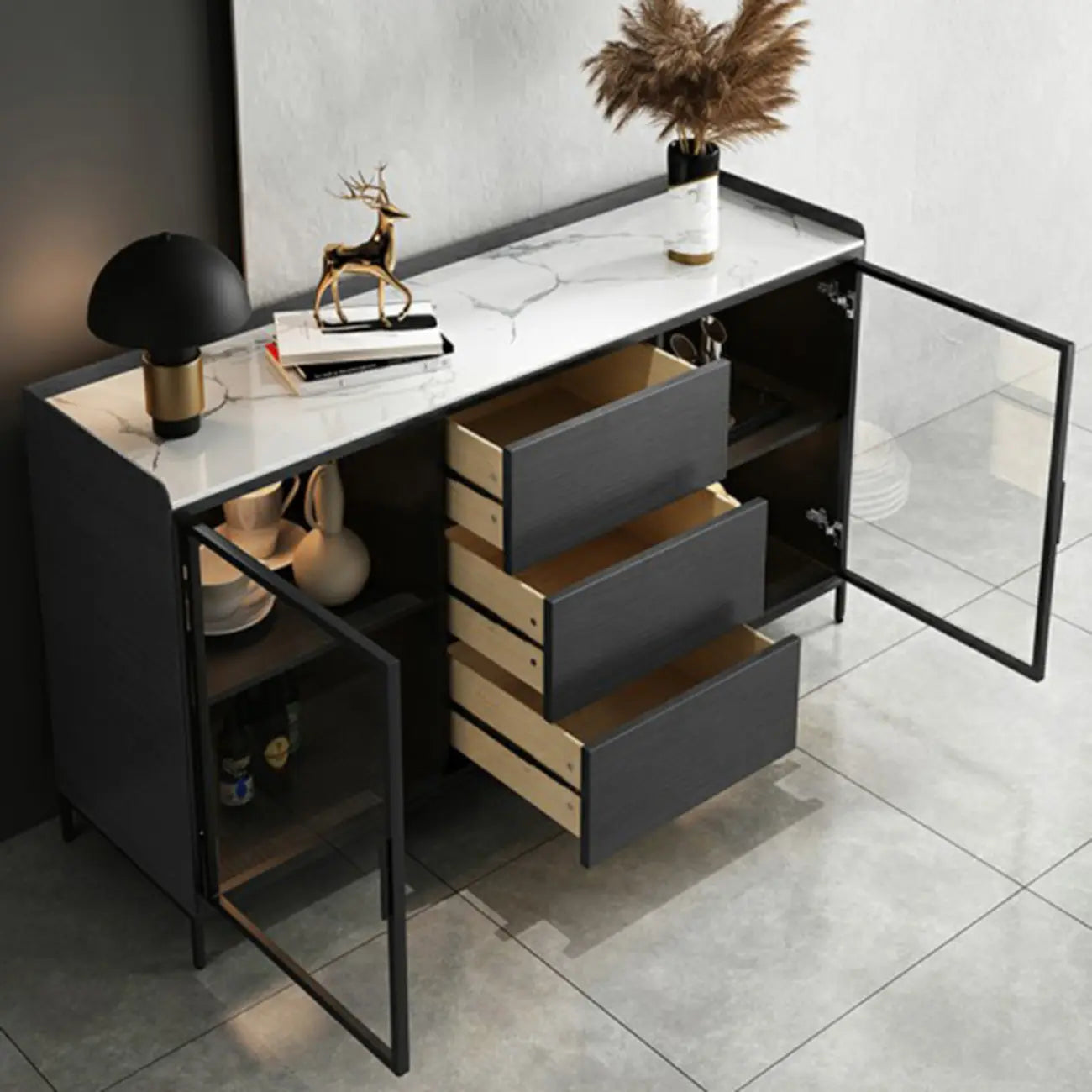 Modern Wooden Buffet Table with Stone Top and Storage