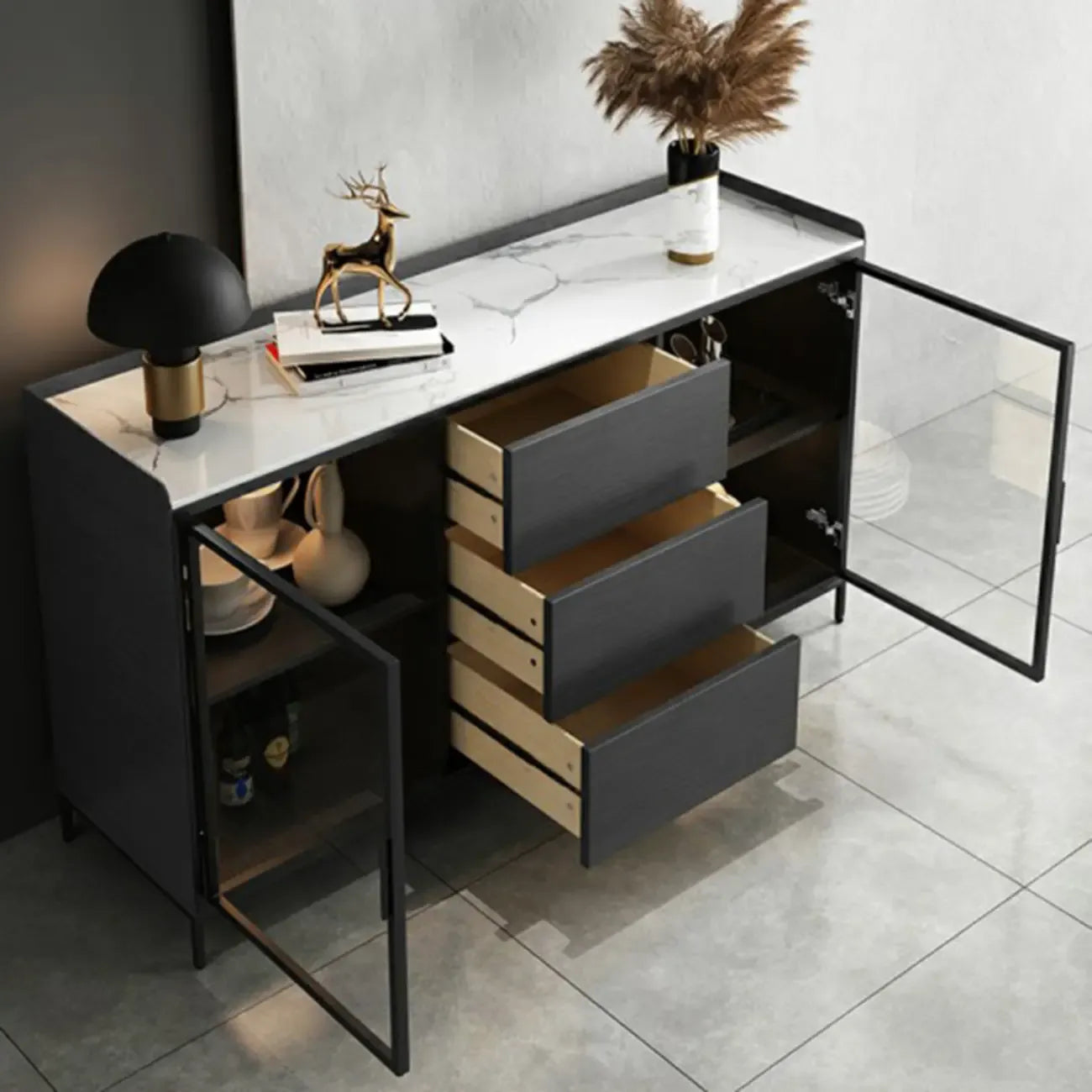 Modern Wooden Buffet Table with Stone Top and Storage