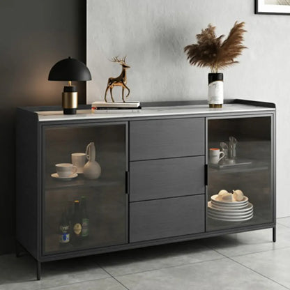 Modern Wooden Buffet Table with Stone Top and Storage