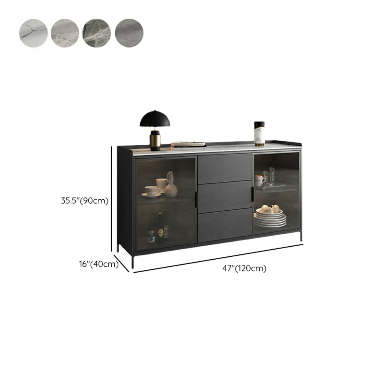 Modern Wooden Buffet Table with Stone Top and Storage