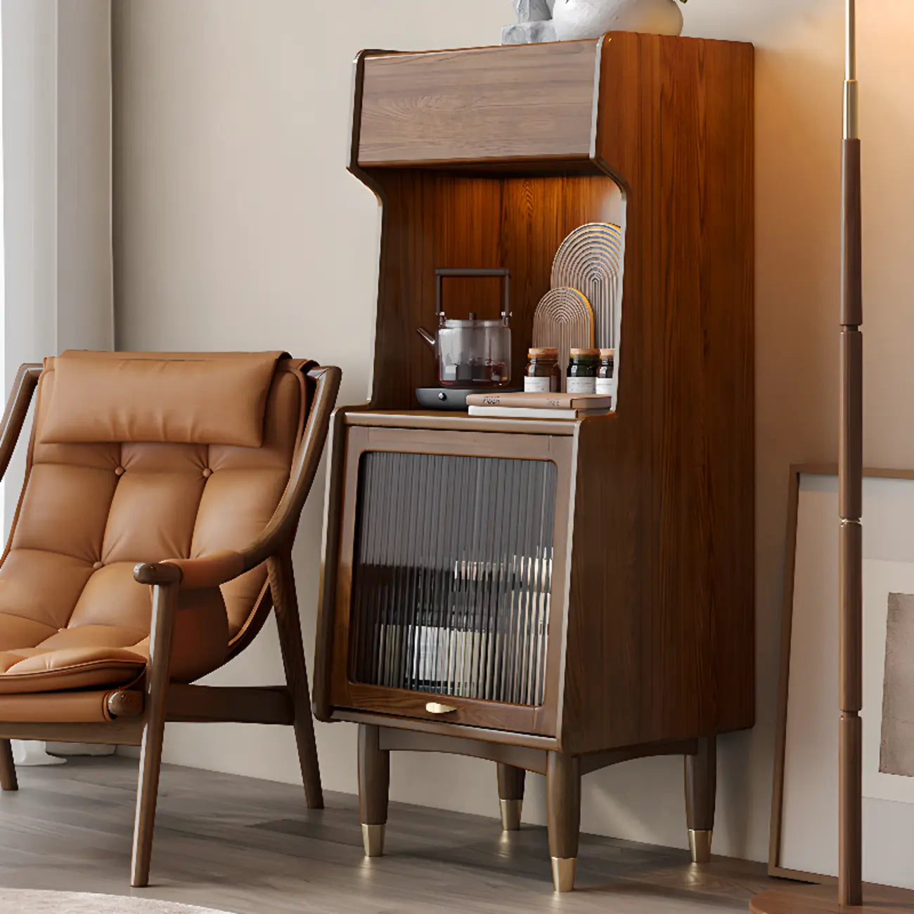 Modern Wooden Brown Wine Cabinet for Living Room Display