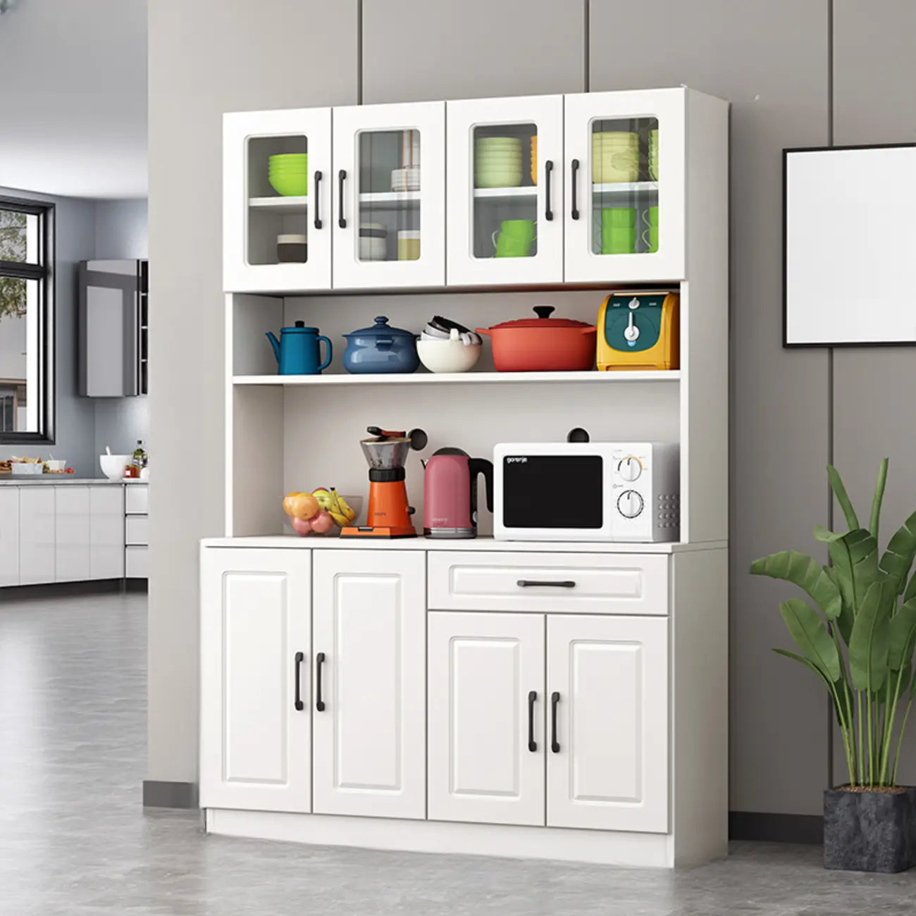 Kitchen White Wood Countertop Open Storage China Cabinet