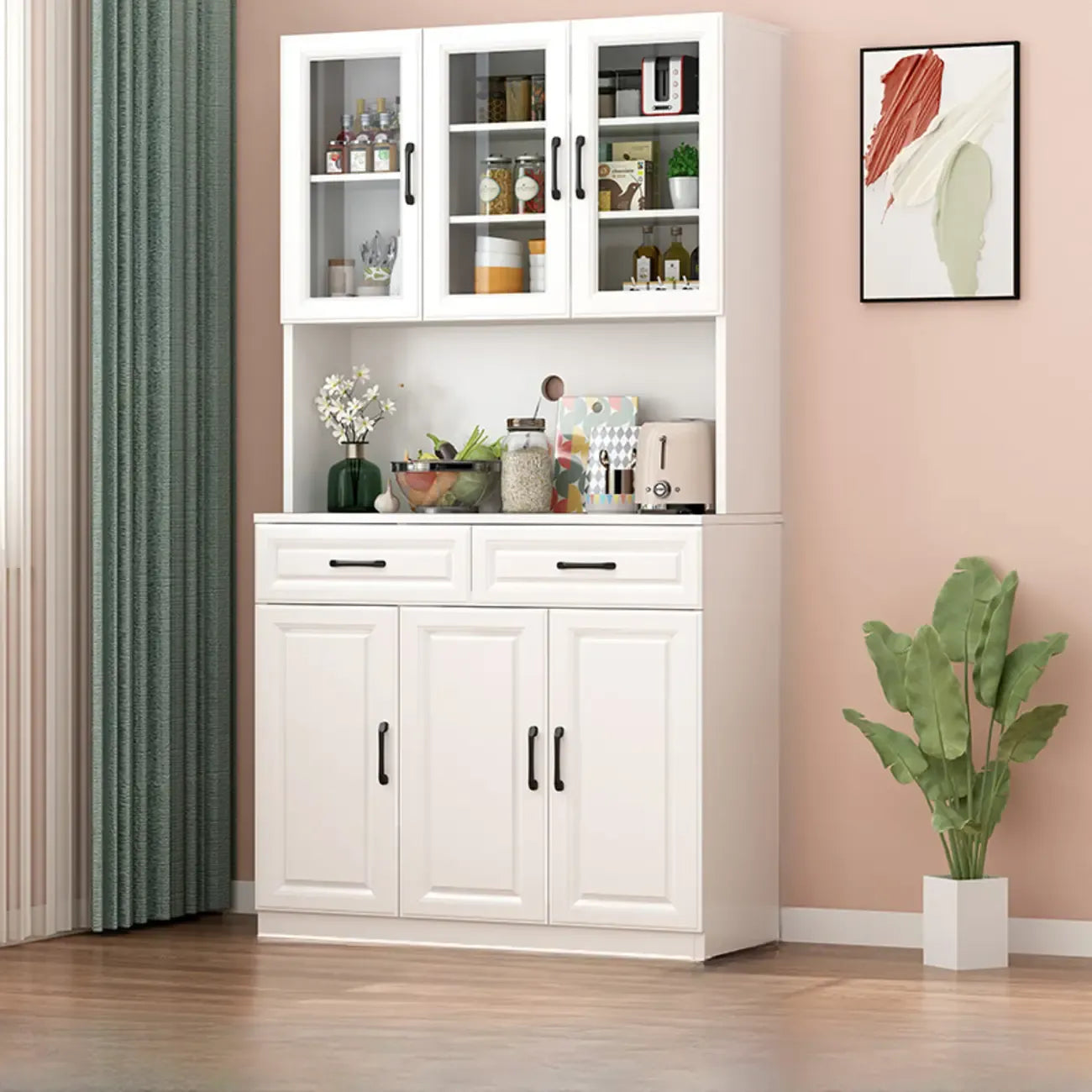 Kitchen White Wood Countertop Open Storage China Cabinet