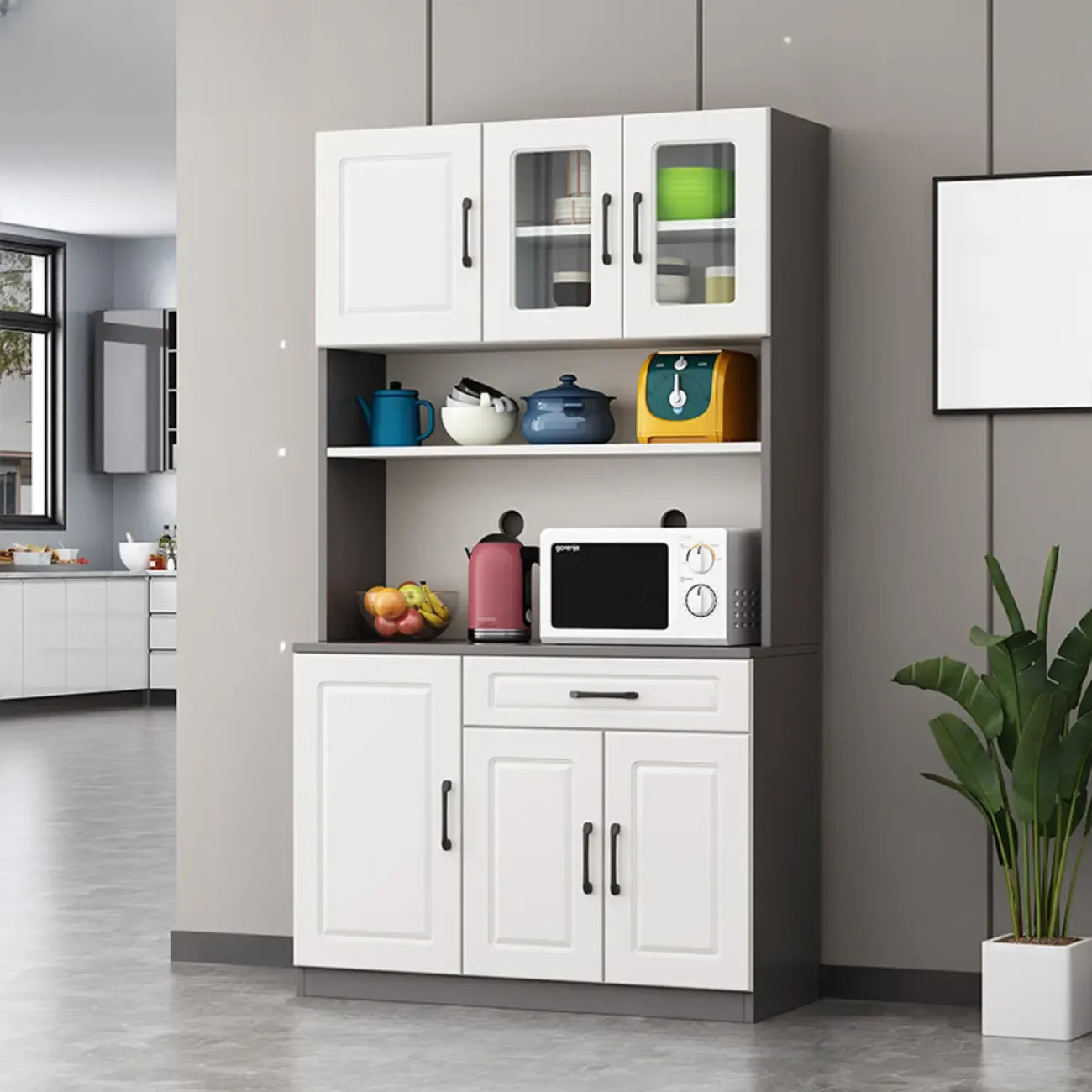 Kitchen White Wood Countertop Open Storage China Cabinet