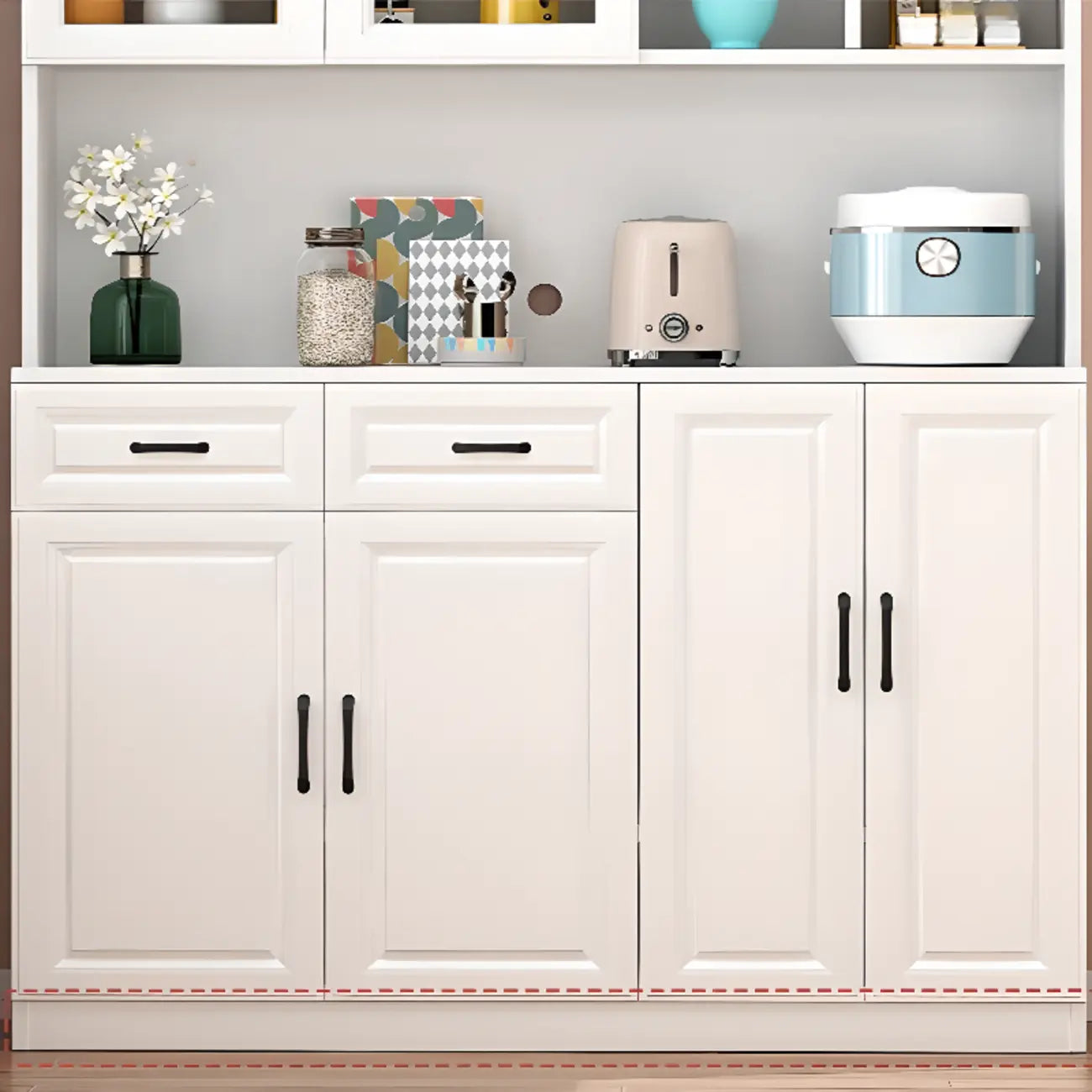 Kitchen White Wood Countertop Open Storage China Cabinet