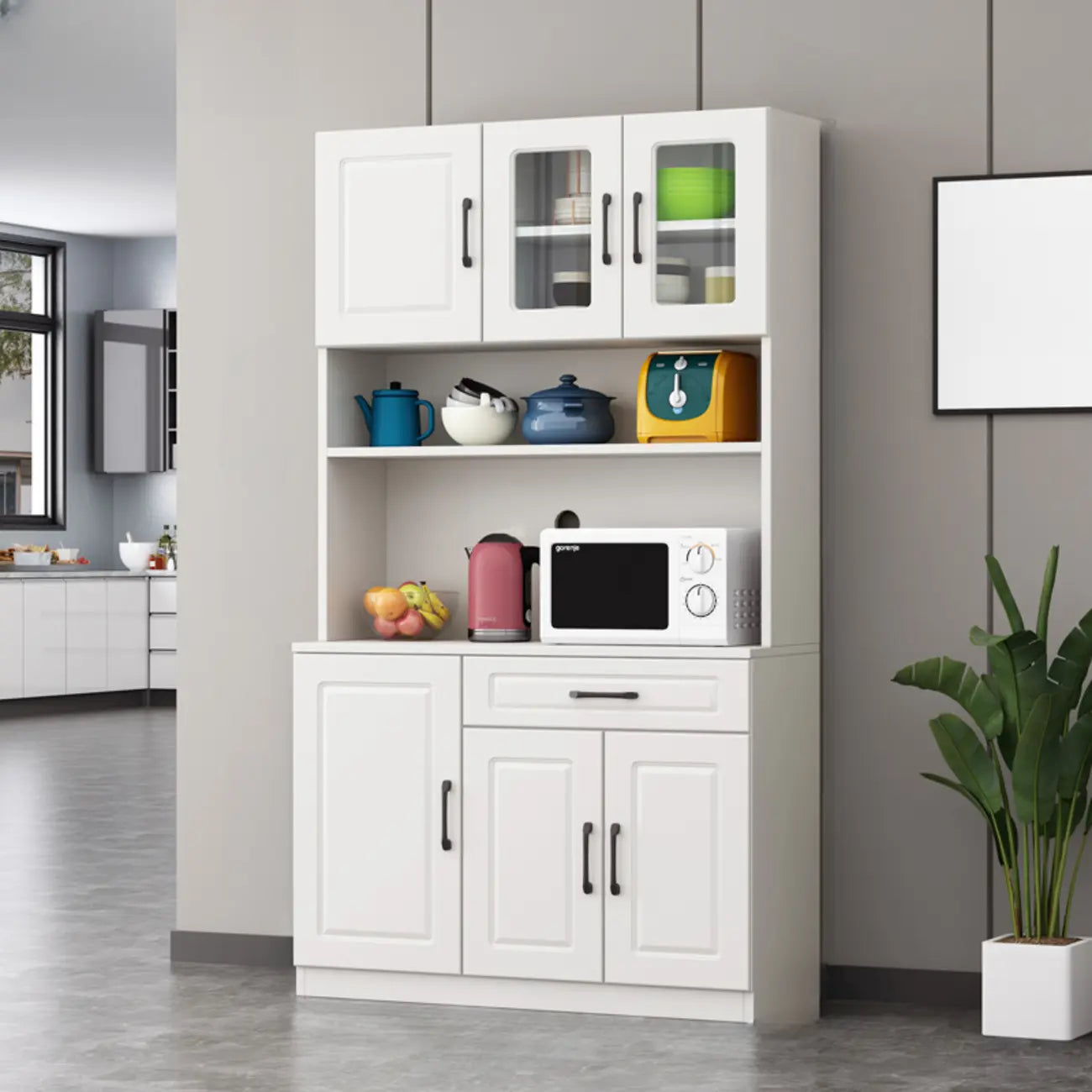 Kitchen White Wood Countertop Open Storage China Cabinet