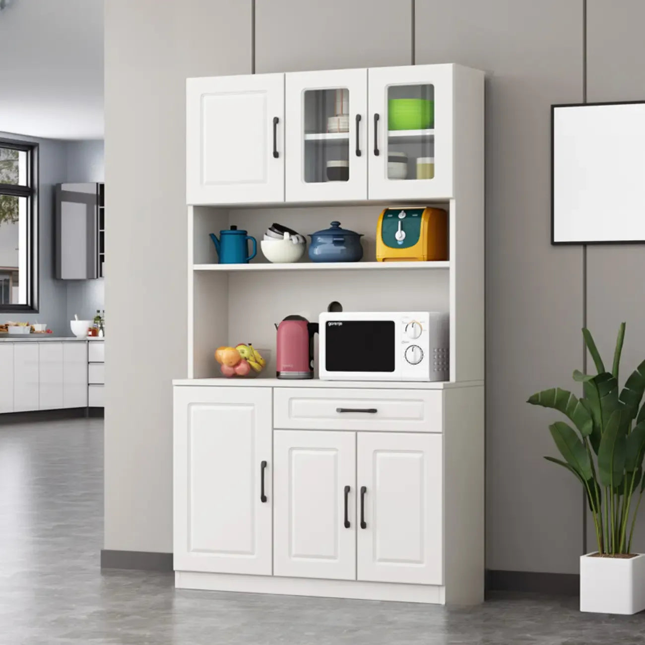 Kitchen White Wood Countertop Open Storage China Cabinet