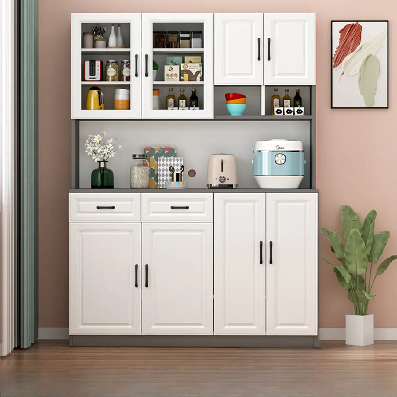 Kitchen White Wood Countertop Open Storage China Cabinet