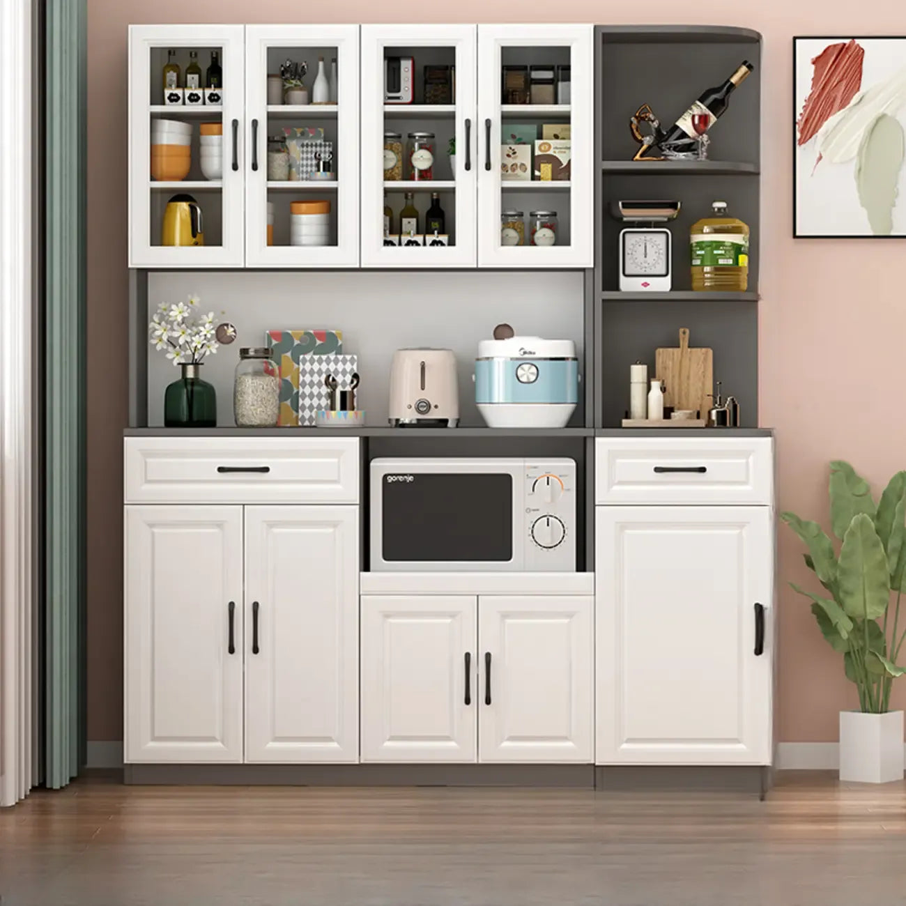 Kitchen White Wood Countertop Open Storage China Cabinet