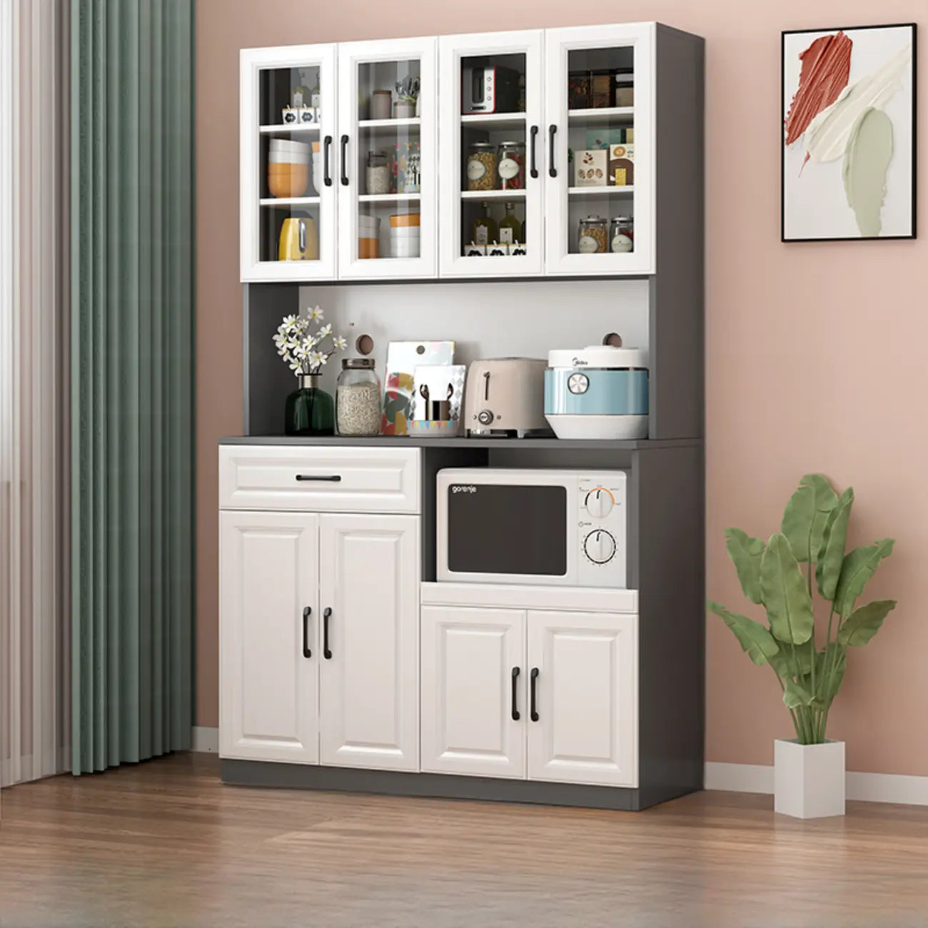 Kitchen White Wood Countertop Open Storage China Cabinet