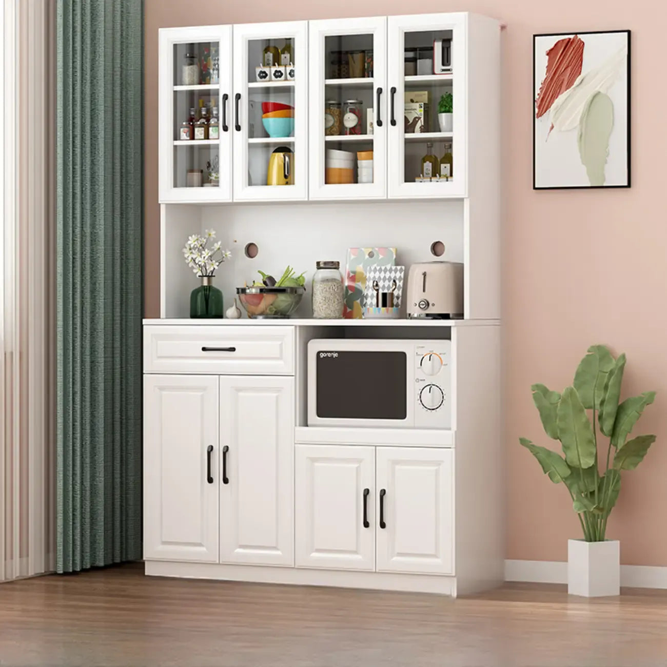 Kitchen White Wood Countertop Open Storage China Cabinet