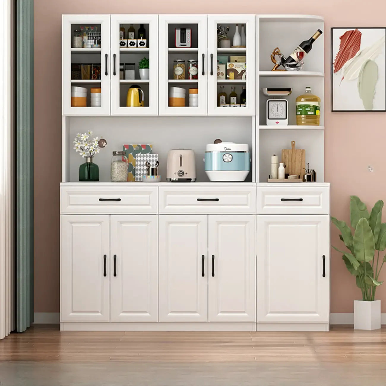 Kitchen White Wood Countertop Open Storage China Cabinet
