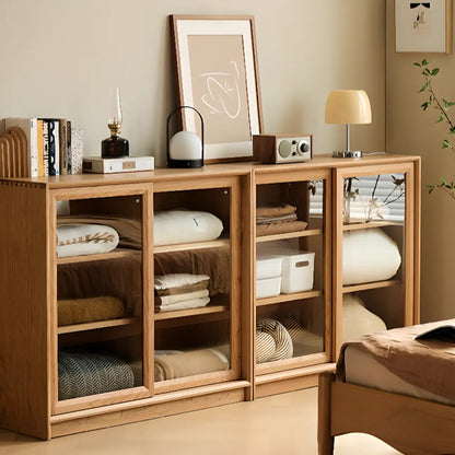 Rectangular Natural Wood Glass Door Storage Display Cabinet
