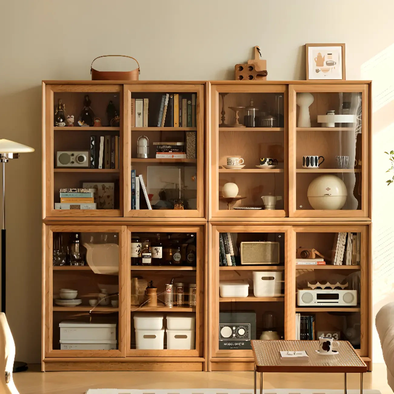 Rectangular Natural Wood Glass Door Storage Display Cabinet