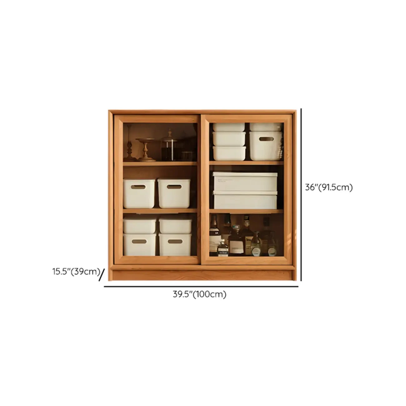 Rectangular Natural Wood Glass Door Storage Display Cabinet