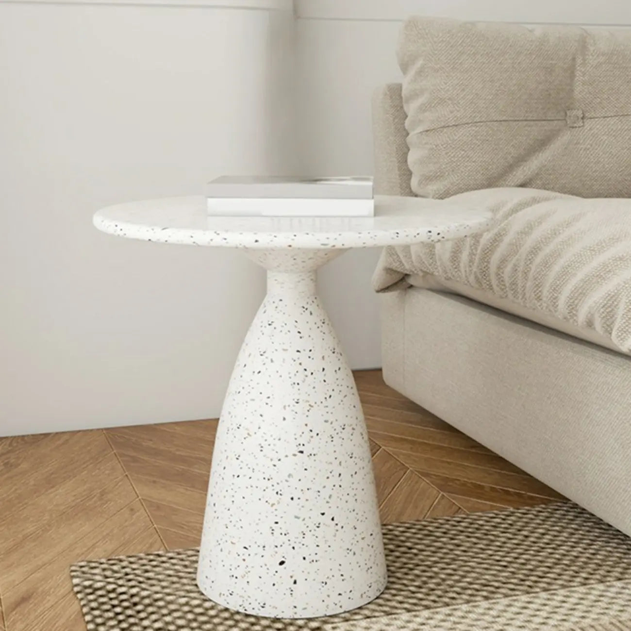Modern Round Beige Metal End Table for Living Room