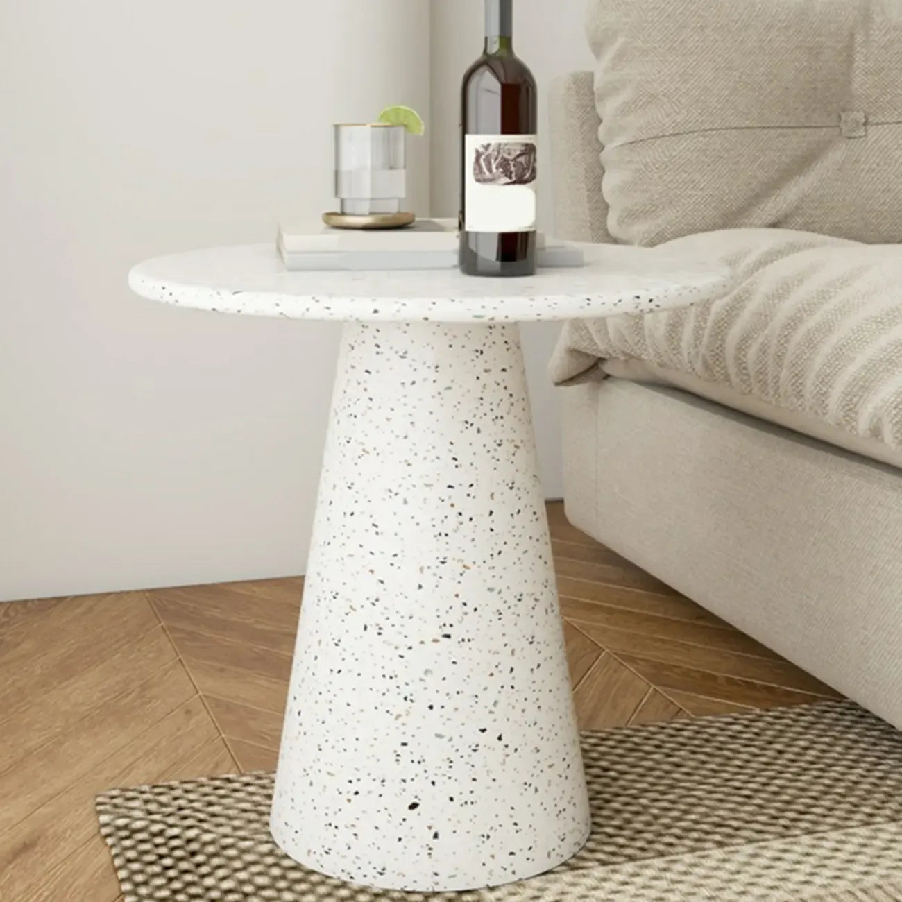 Modern Round Beige Metal End Table for Living Room