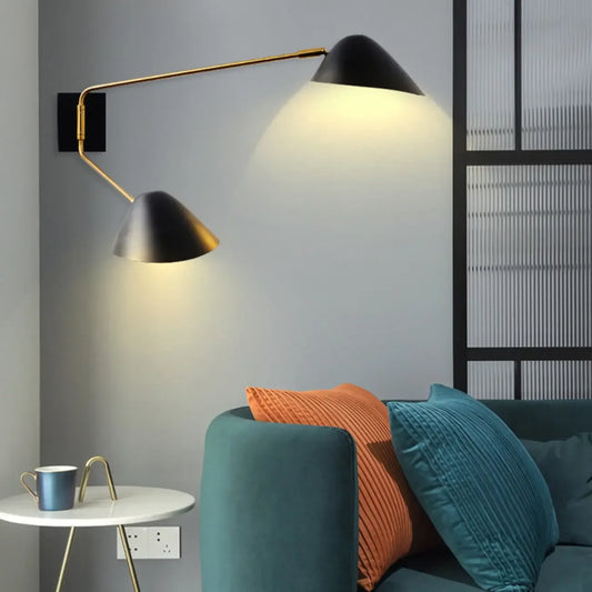 Black Metal 2-Light Swing Arm Wall Lamp for Living Room