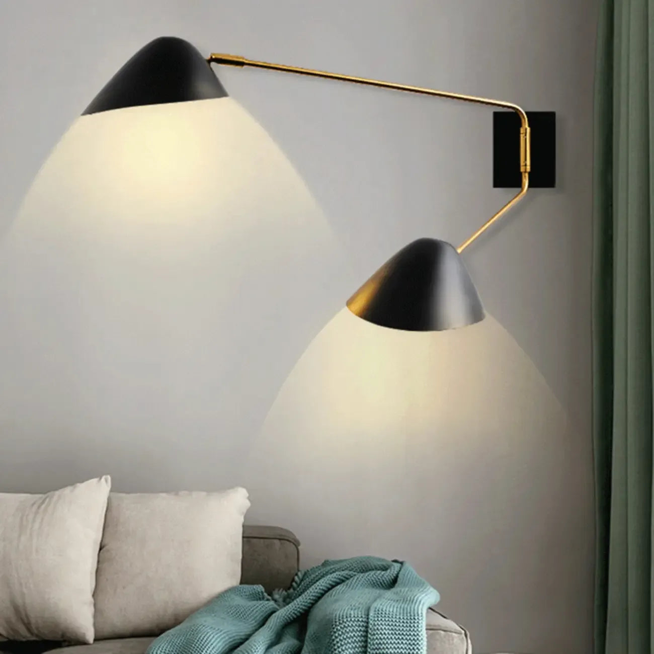 Black Metal 2-Light Swing Arm Wall Lamp for Living Room