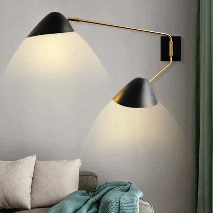 Black Metal 2-Light Swing Arm Wall Lamp for Living Room