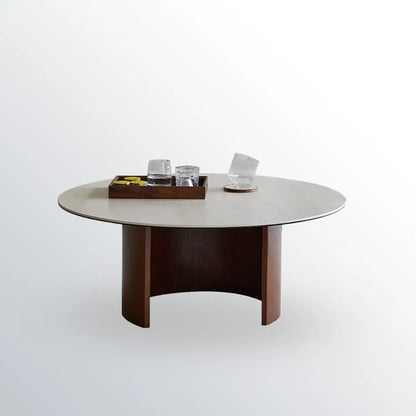 Modern Travertine White Round Coffee Table with Unique Base