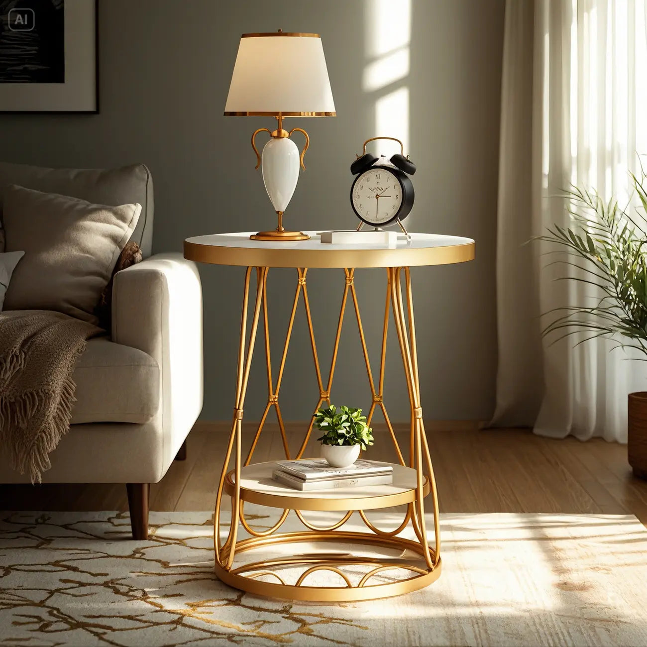 Round Gold Marble End Table with Storage for Living Room