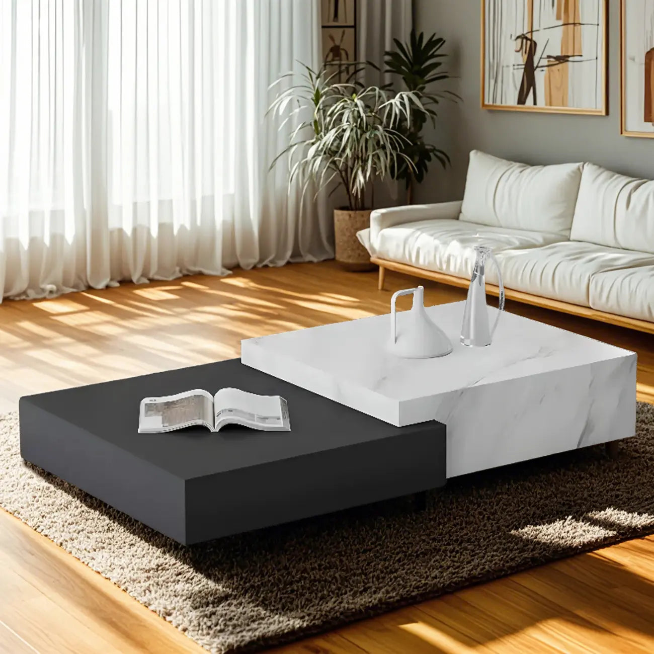 Modern Marble Nesting Coffee Table Set in Black and White