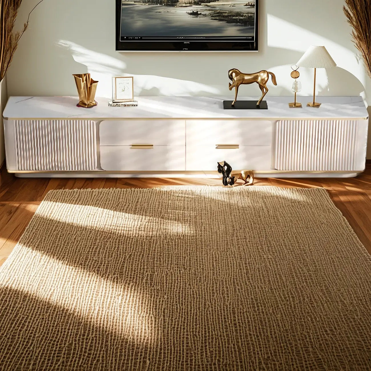 Elegant White Stone TV Cabinet with Cable Management