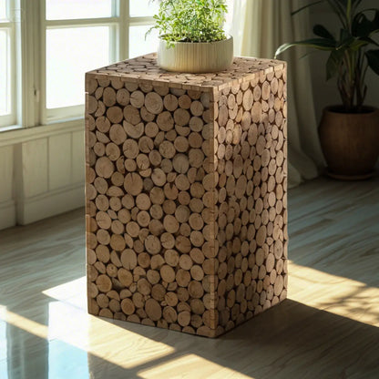 Square Block Natural Wood End Table for Living Room