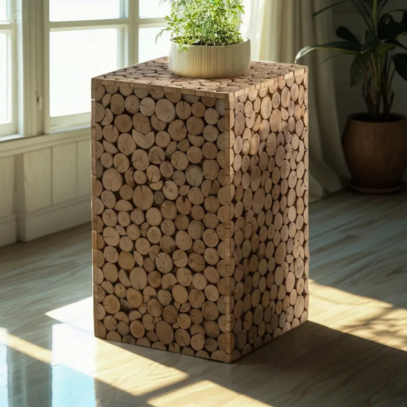 Square Block Natural Wood End Table for Living Room