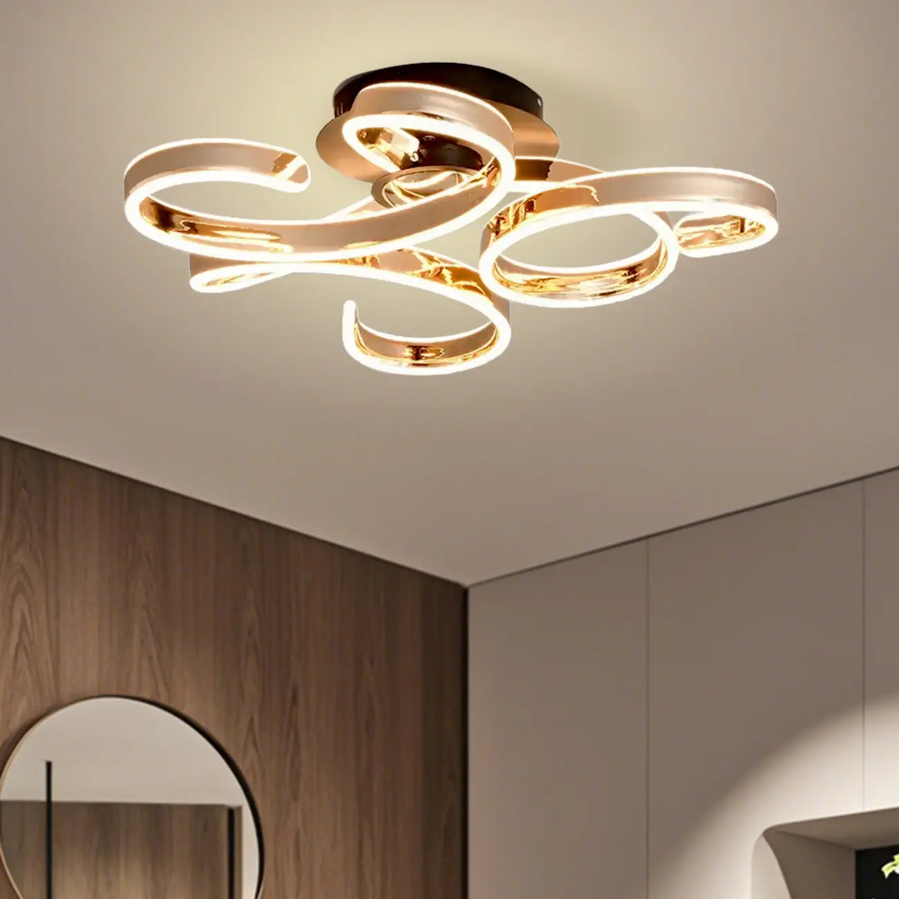 Gold Ribbon LED Semi Flush Ceiling Light 3-Gear Dimming