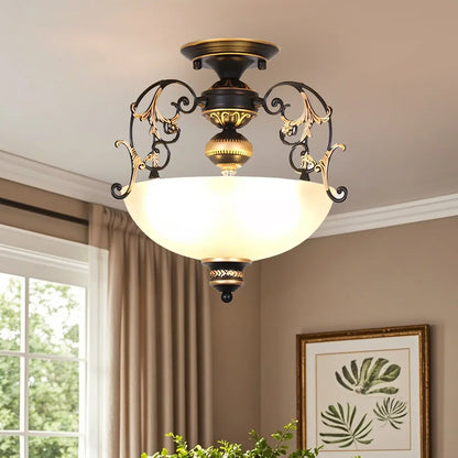 Vintage Metal Glass Dome Semi Flush Ceiling Light