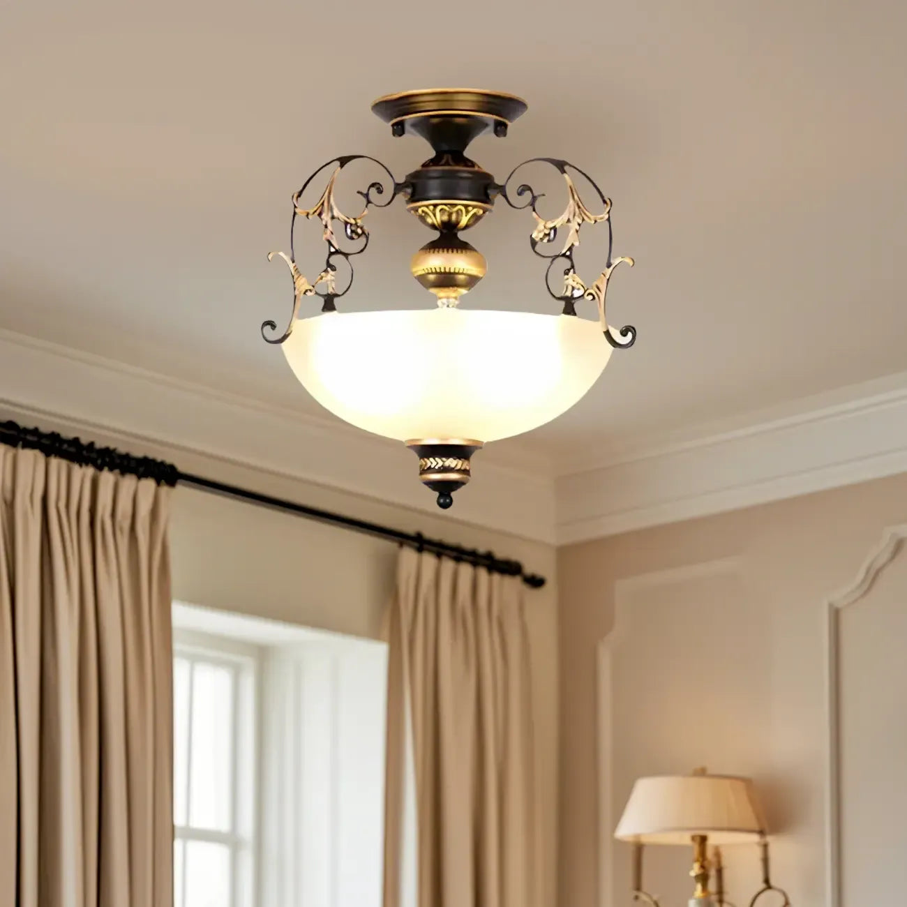 Vintage Metal Glass Dome Semi Flush Ceiling Light