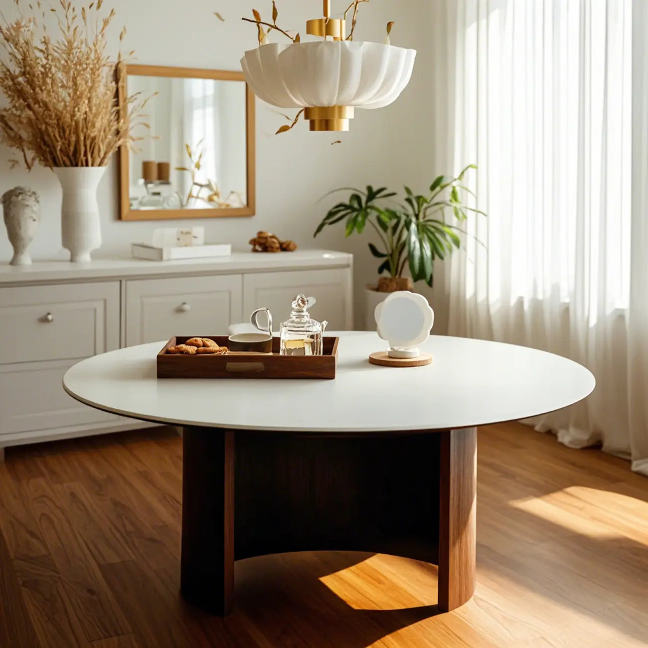 Modern Travertine White Round Coffee Table with Unique Base