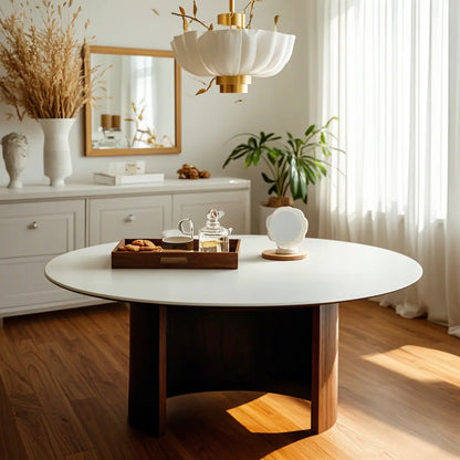 Modern Travertine White Round Coffee Table with Unique Base