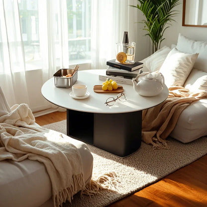 Modern Travertine White Round Coffee Table with Unique Base