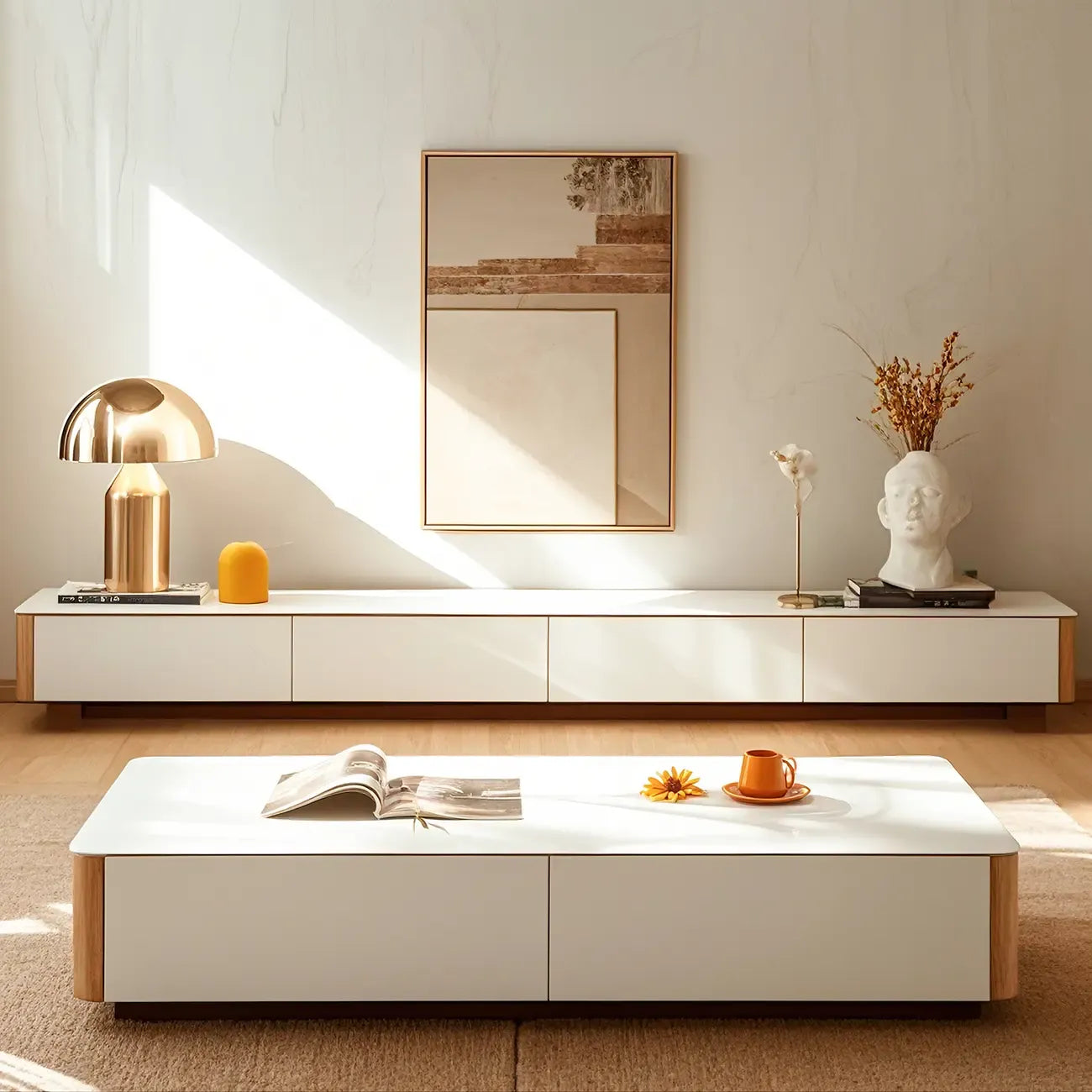 Minimalist White Stone TV Stand with Storage for Living Room