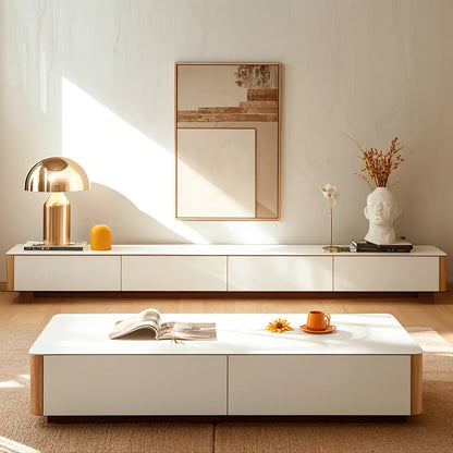 Minimalist White Stone TV Stand with Storage for Living Room