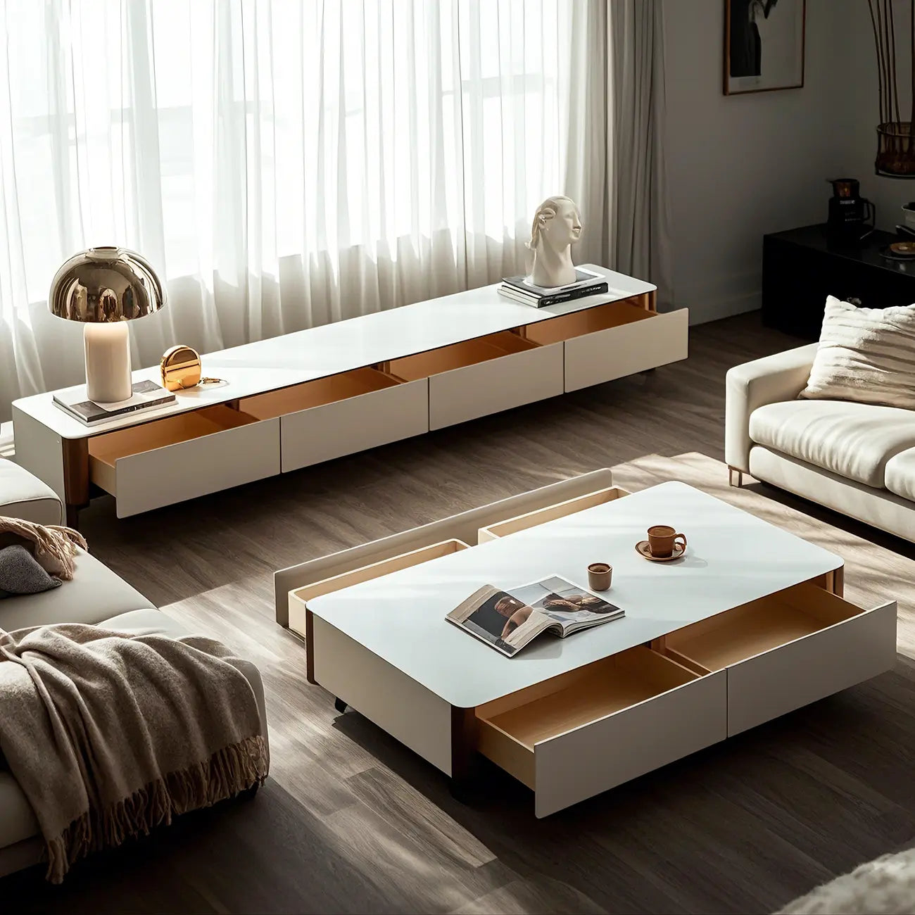 Minimalist White Stone TV Stand with Storage for Living Room