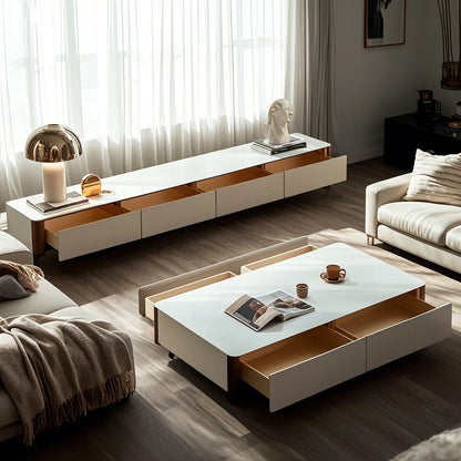 Minimalist White Stone TV Stand with Storage for Living Room