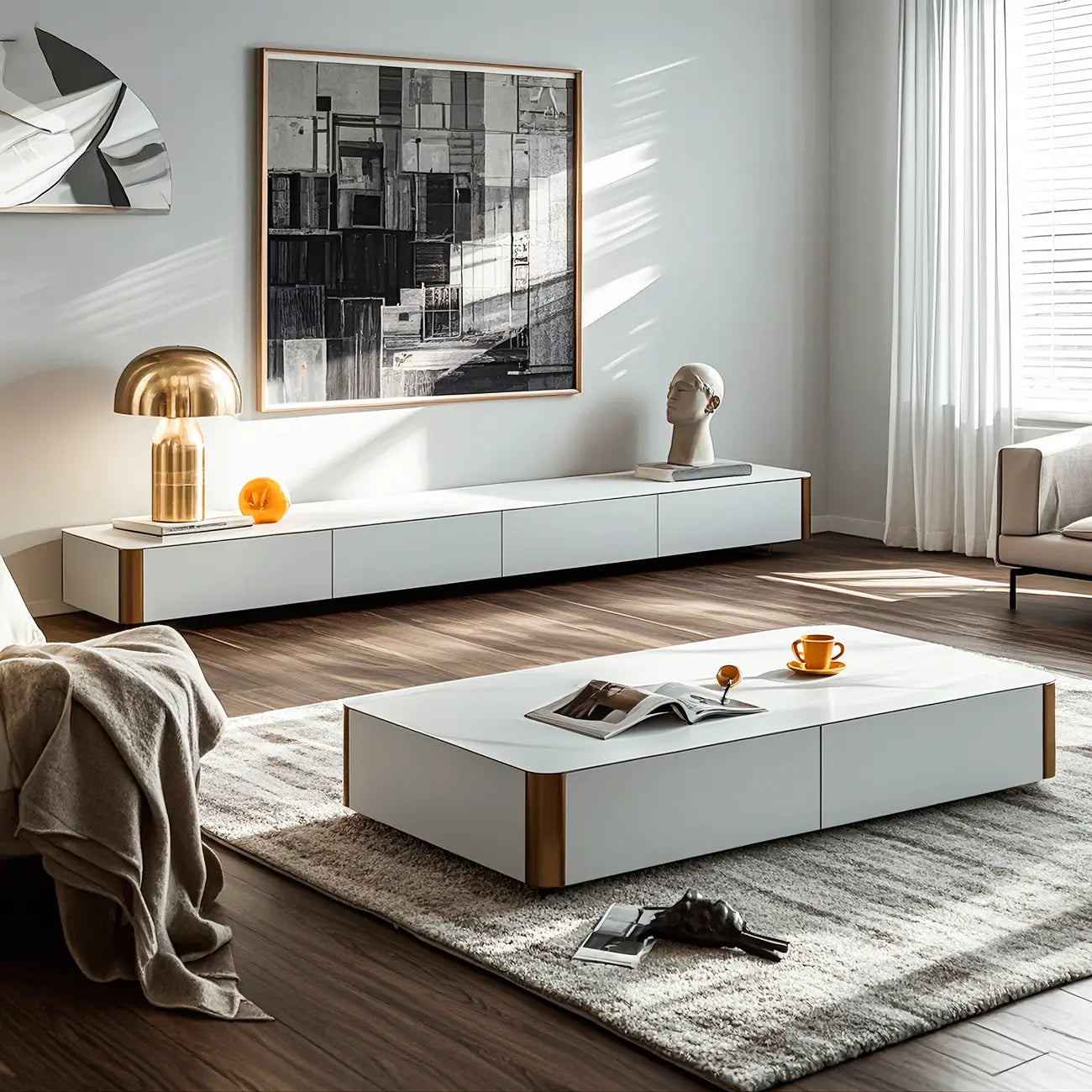 Minimalist White Stone TV Stand with Storage for Living Room