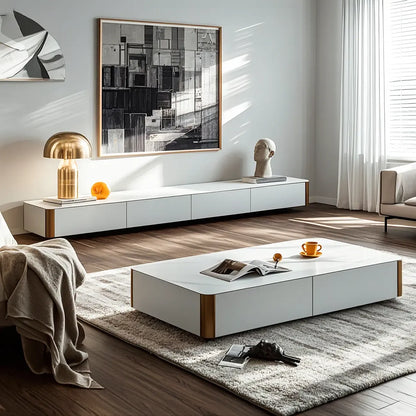 Minimalist White Stone TV Stand with Storage for Living Room