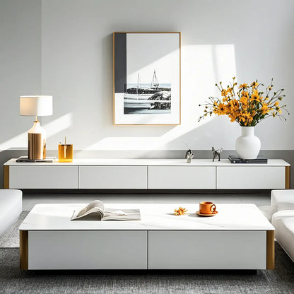 Minimalist White Stone TV Stand with Storage for Living Room