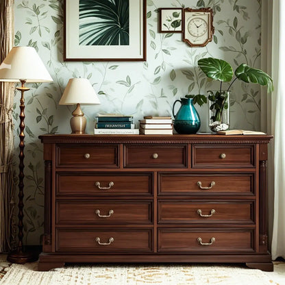Vintage Brown Walnut Wooden Double Dresser with 9-Drawers