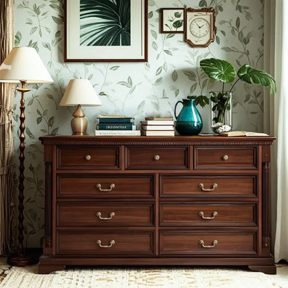 Vintage Brown Walnut Wooden Double Dresser with 9-Drawers