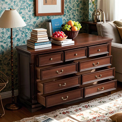 Vintage Brown Walnut Wooden Double Dresser with 9-Drawers