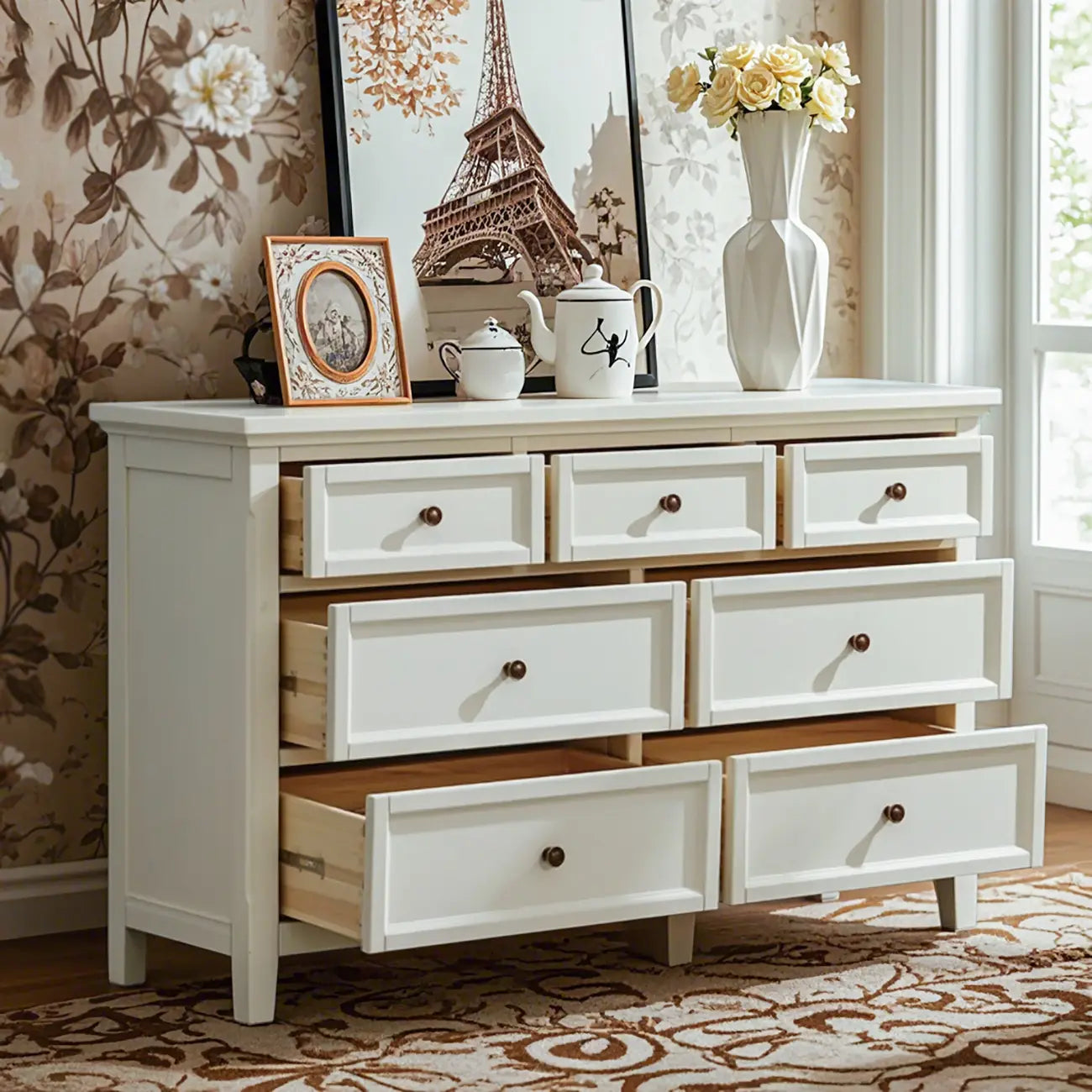 Contemporary White Wooden Double Dresser for Bedroom Use