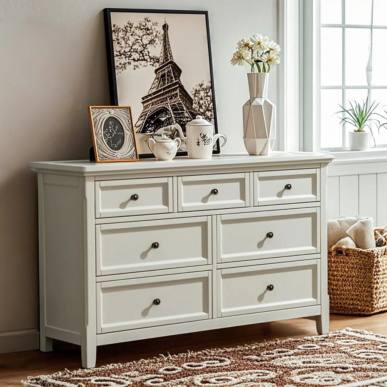 Contemporary White Wooden Double Dresser for Bedroom Use