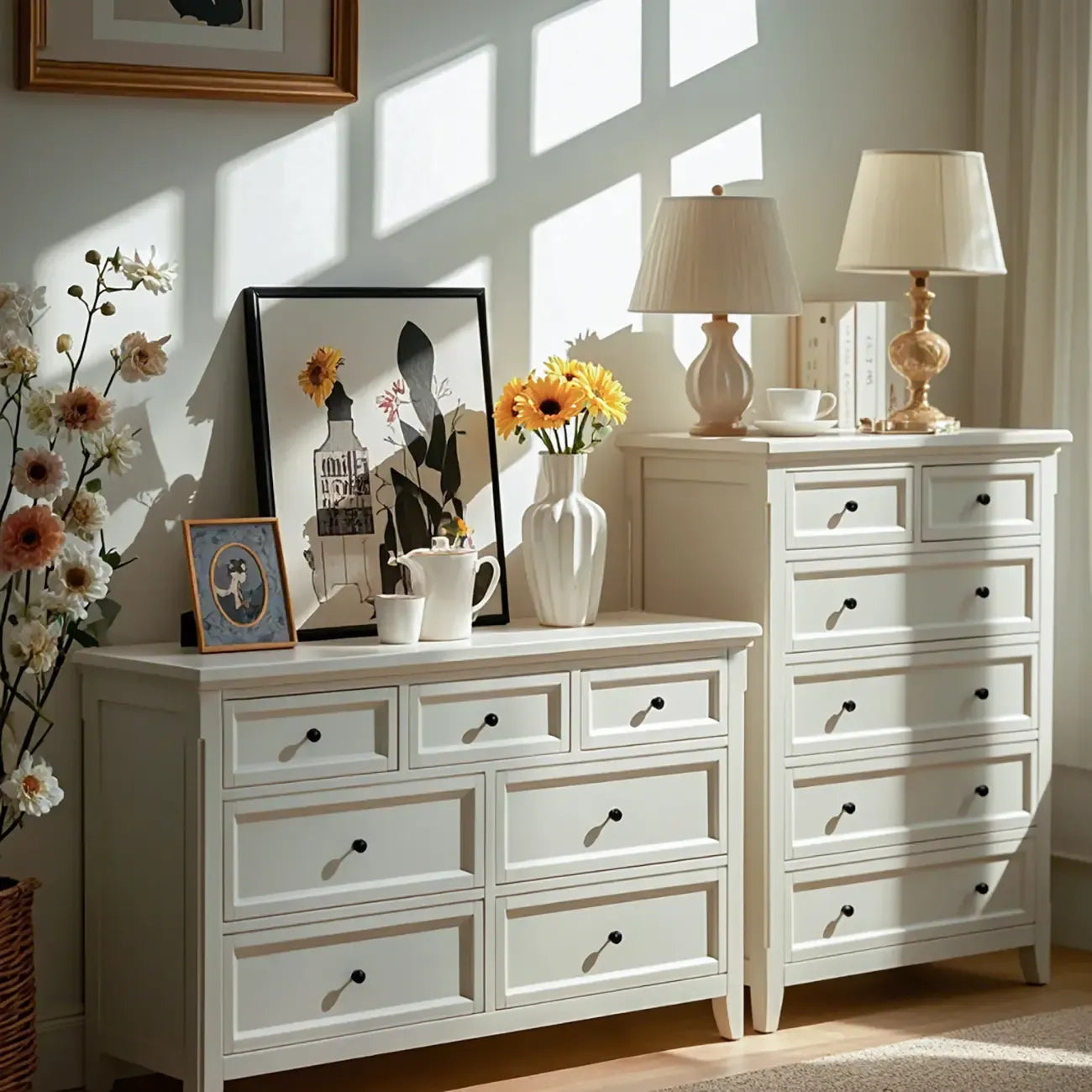 Contemporary White Wooden Double Dresser for Bedroom Use